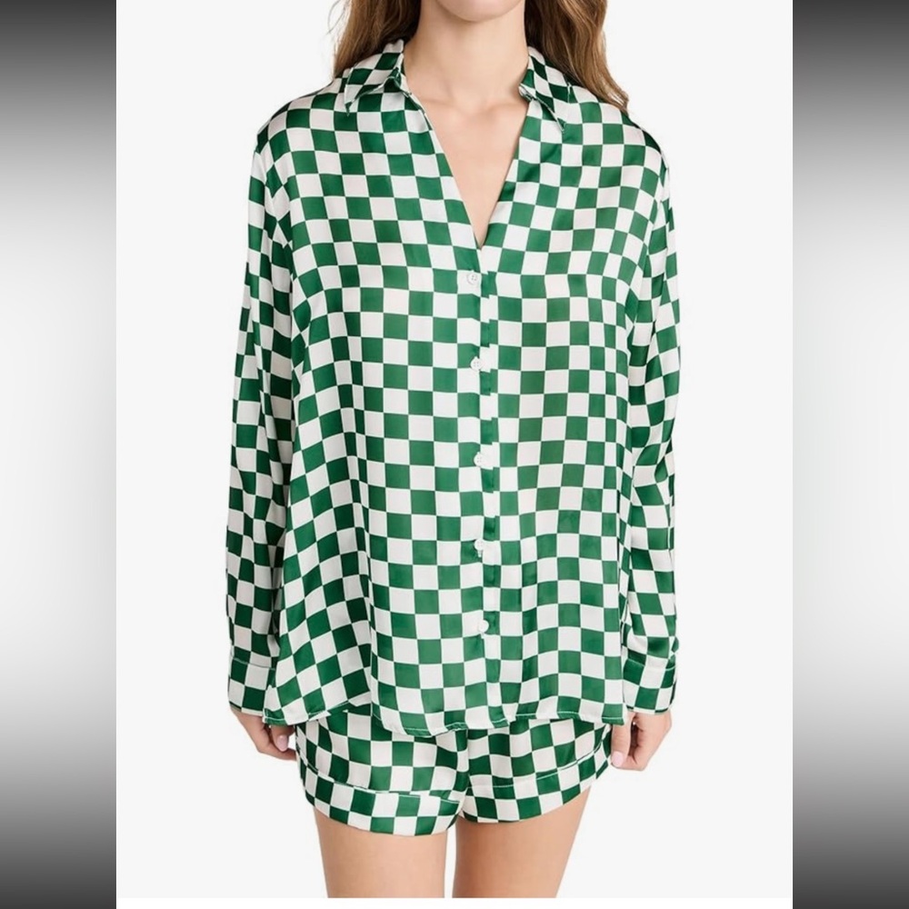 Show Me Your MuMu Green and White Checkered Pajama Top and Bottoms Size Medium